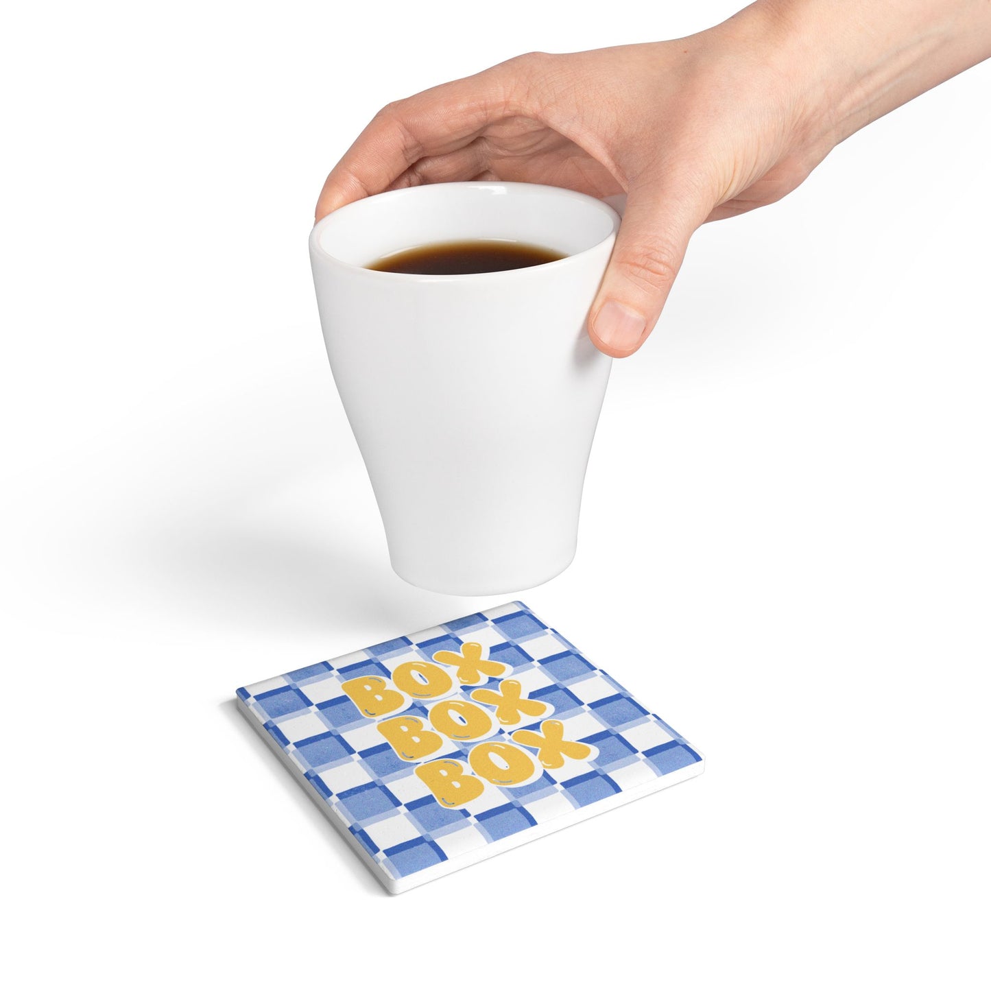F1 Racing Bulls Blue and Yellow Checkered Ceramic Coaster | Curved Tracks with Tiny Cars