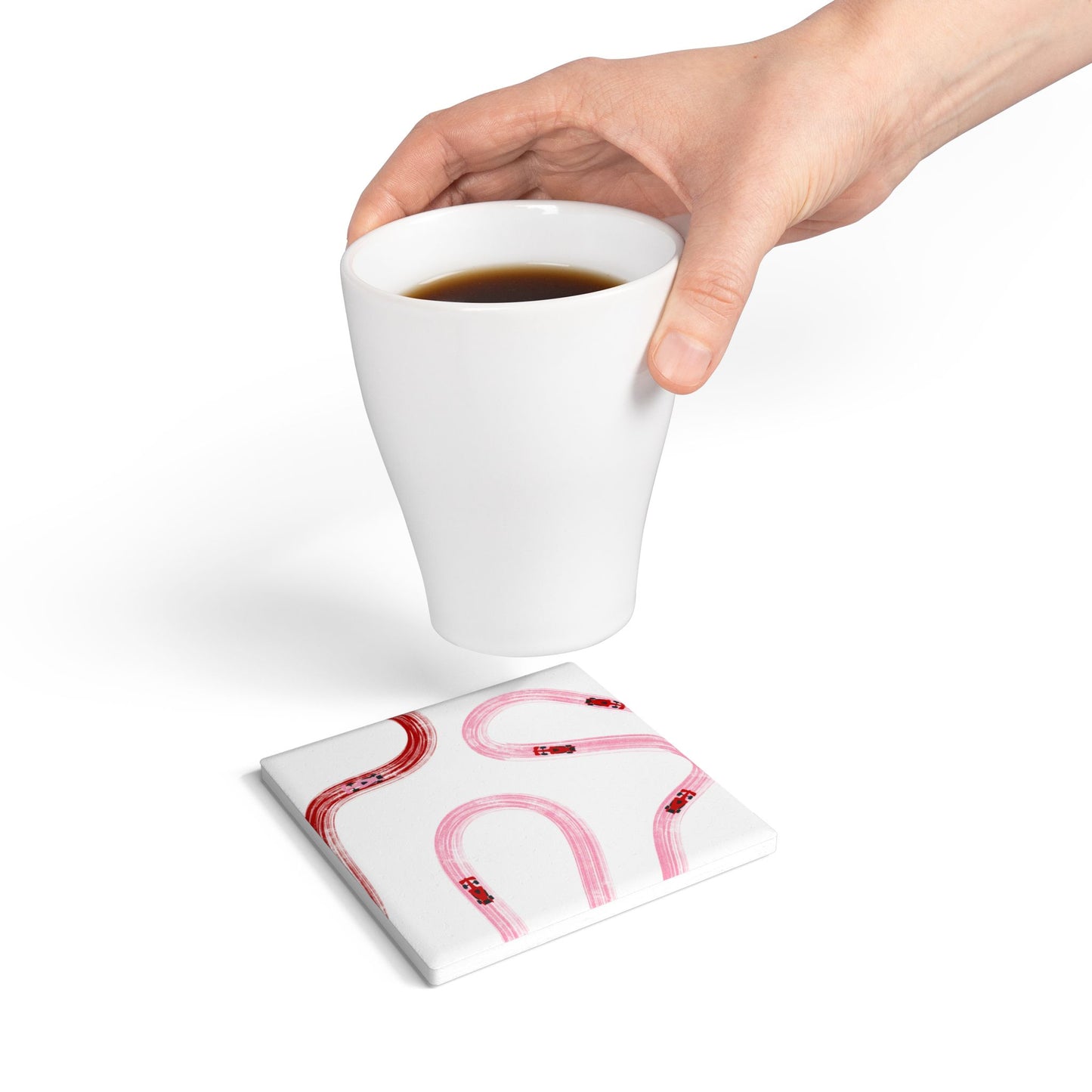 Pink and Red Racing Cars Track Illustration Ceramic Coaster | Pink Curved Tracks with Tiny Cars