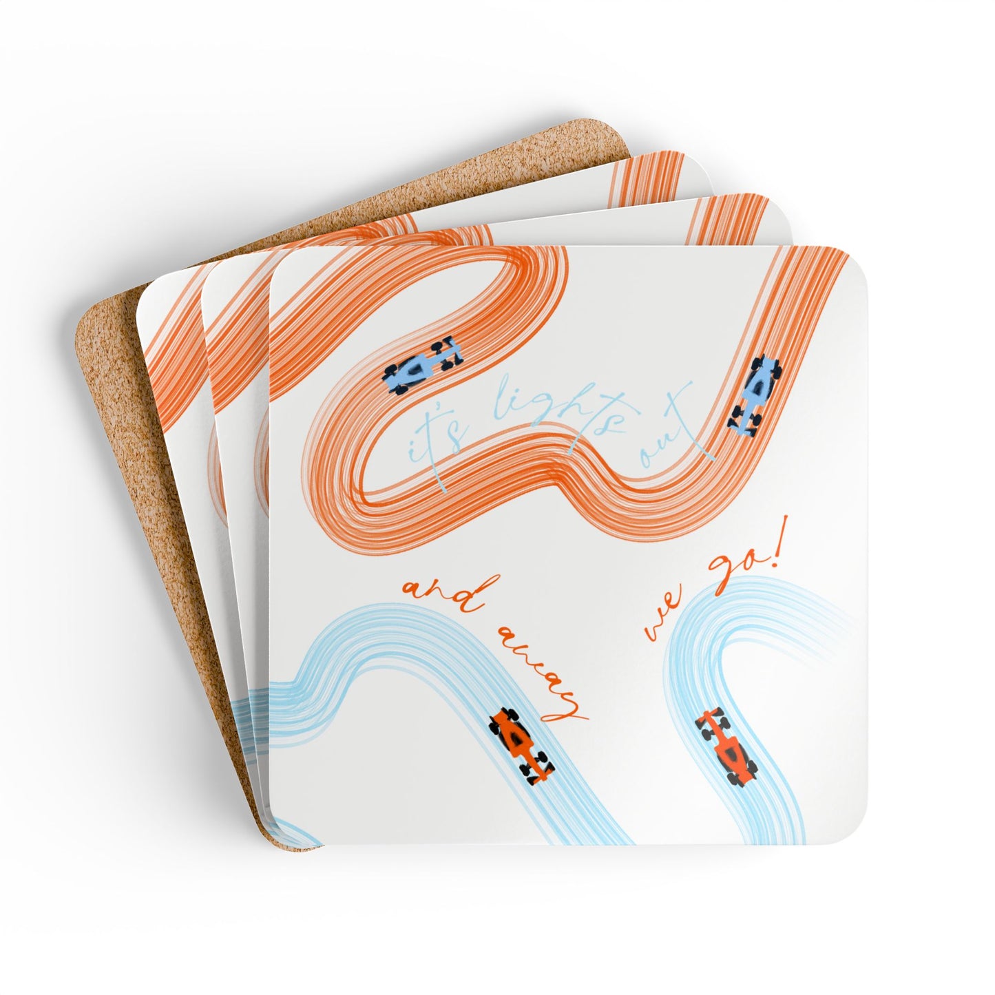 F1 McLaren Orange and Blue Corkwood Coaster Set of 4 | Formula 1 Coaster Set