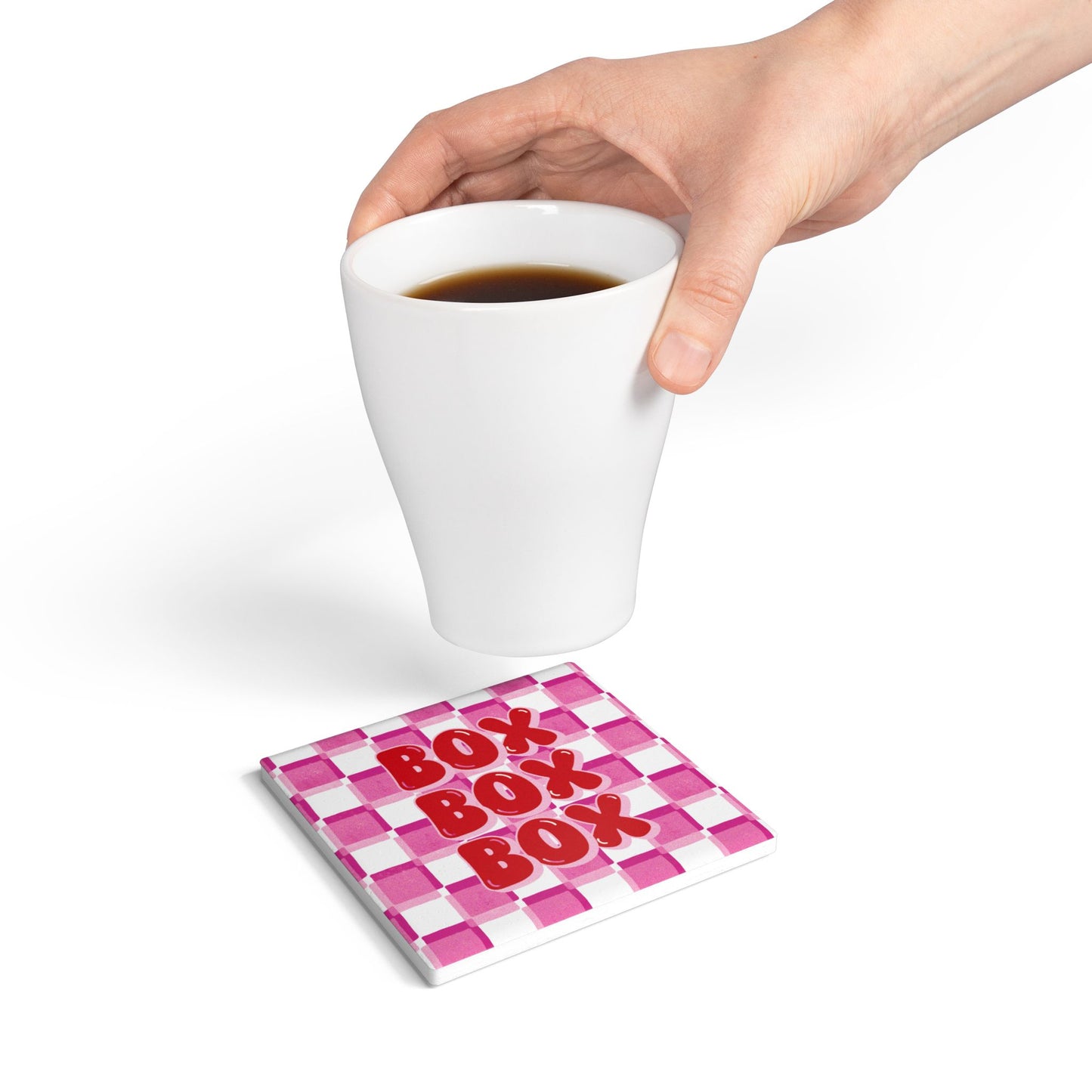 F1 Red and Pink Checkered Ceramic Coaster | Curved Tracks with Tiny Cars