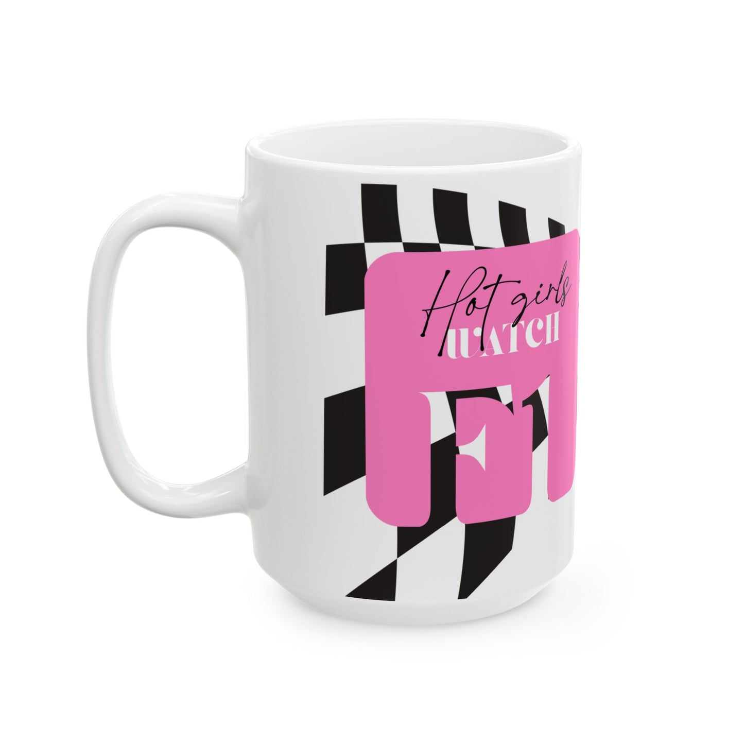 Pink Checkered F1 Mug, Hot Girls Watch F1 Mug