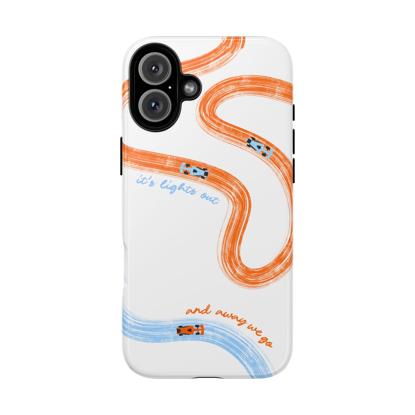 McLaren F1 Phone Case Orange and Blue Painted "its lights out and away we go", Trendy F1 Gift, Formula 1 Gift, Cute F1 Phone Case