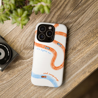 McLaren F1 Phone Case Orange and Blue Painted "its lights out and away we go", Trendy F1 Gift, Formula 1 Gift, Cute F1 Phone Case