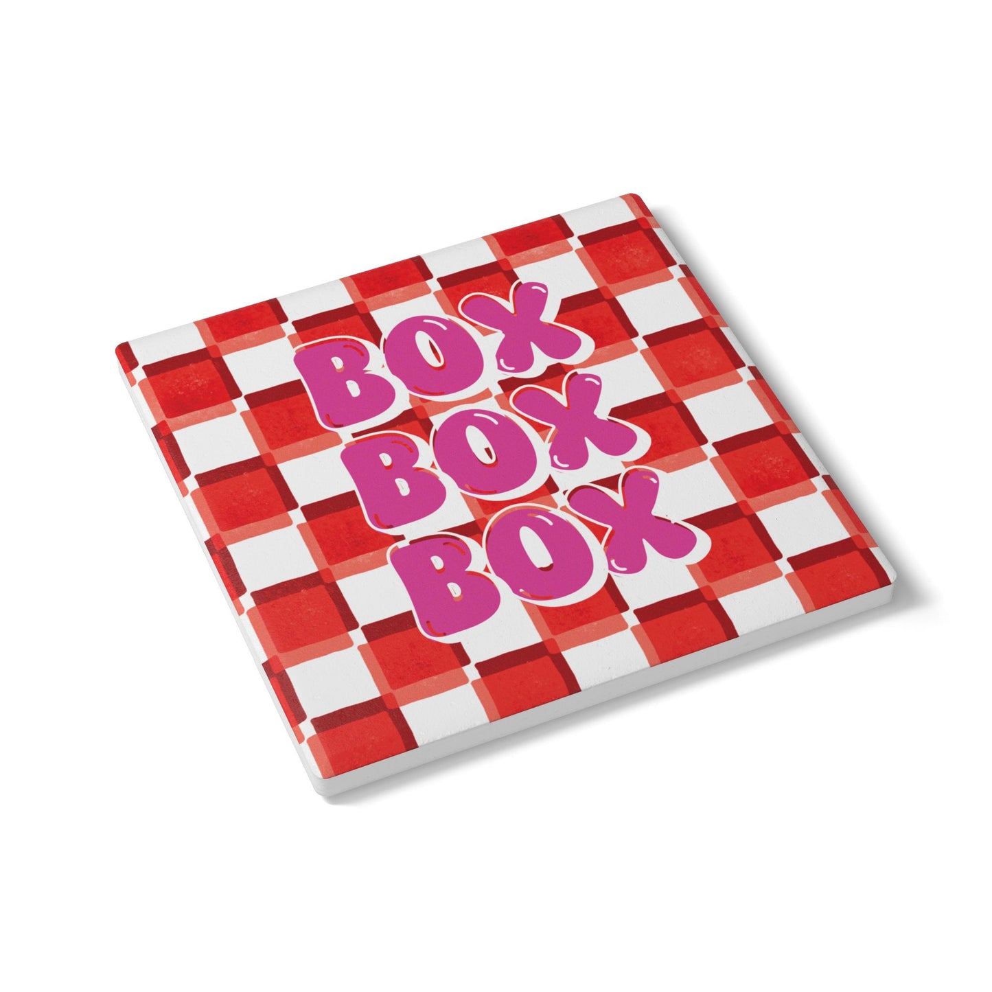 F1 Red and Pink Checkered Ceramic Coaster | Curved Tracks with Tiny Cars