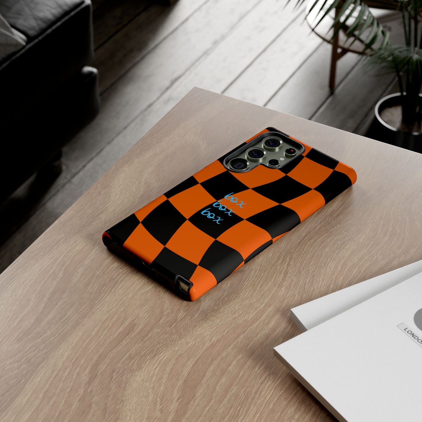 McLaren Orange and Black Checkered F1 Phone Case, Box Box Box F1 Phone Case