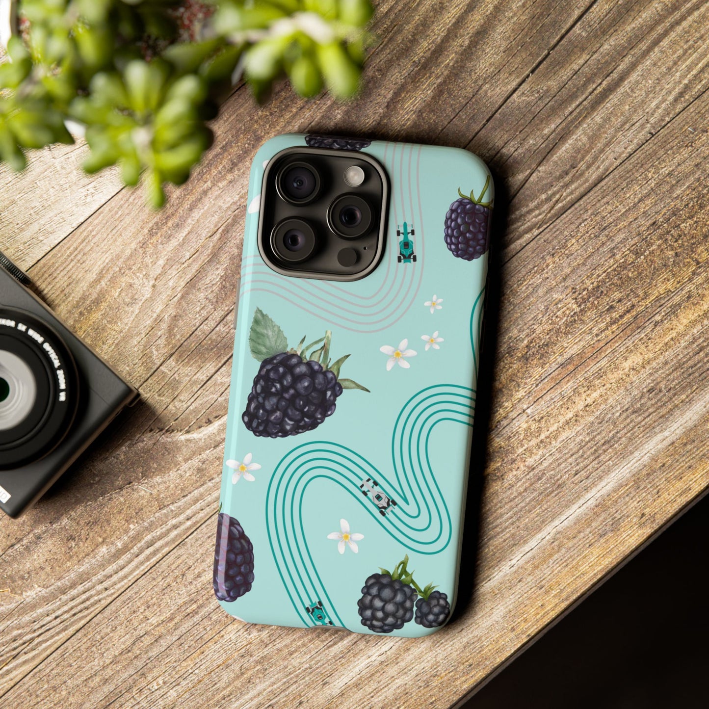 Teal F1 Mercedes and Blackberries Phone Case , Trendy F1 Gift, Formula 1 Gift, Cute Fruit F1 Phone Case, Unique Phone Case