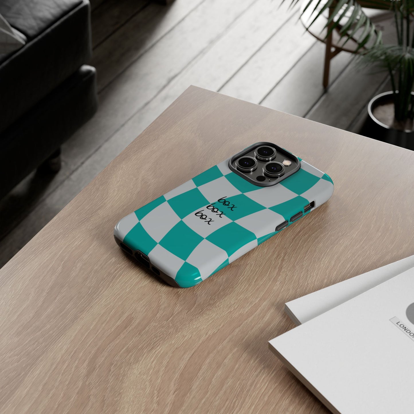 Mercedes Teal and Grey Checkered F1 Phone Case, Box Box Box F1 Phone Case