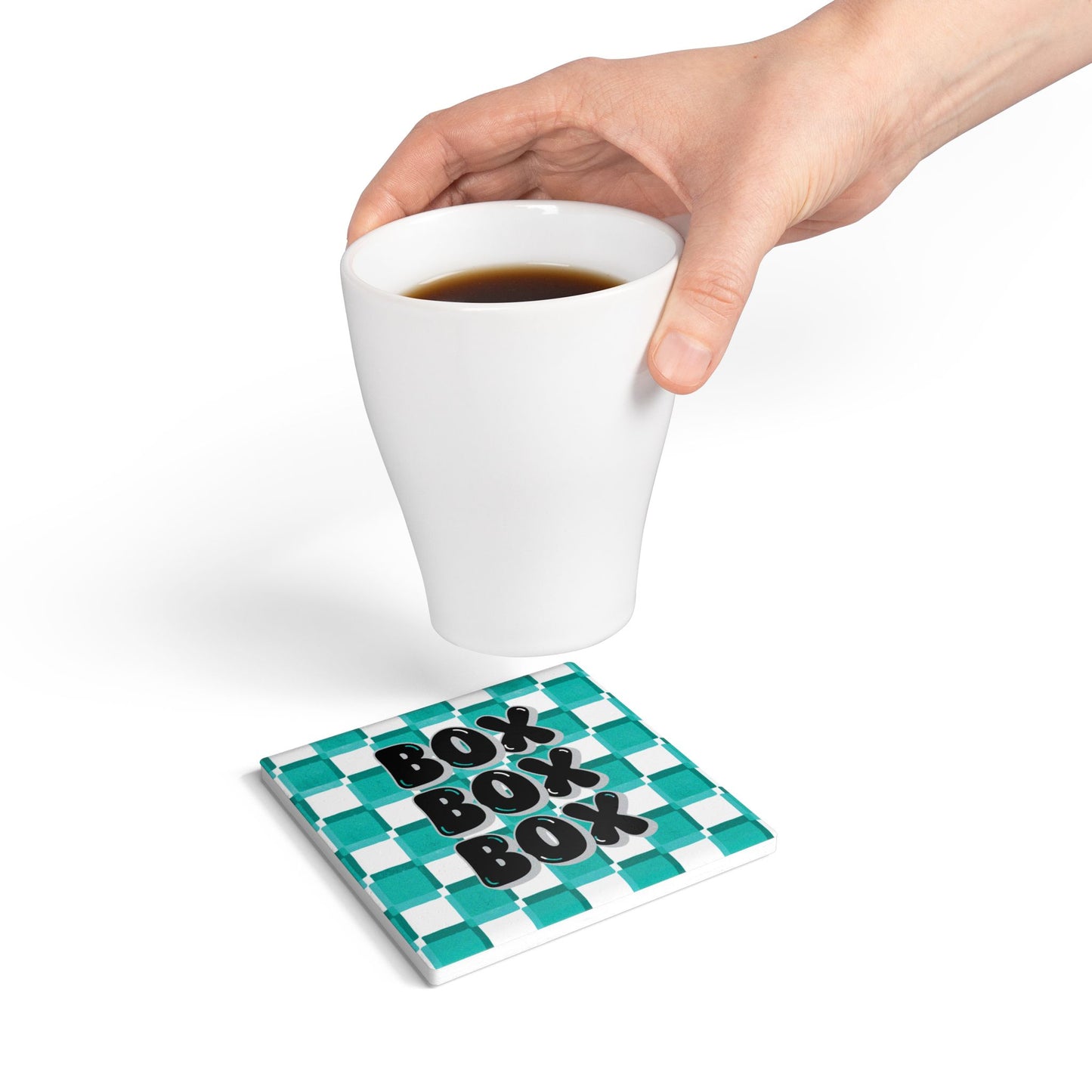 Mercedes F1 Teal and Grey Checkered Ceramic Coaster | Curved Tracks with Tiny Cars