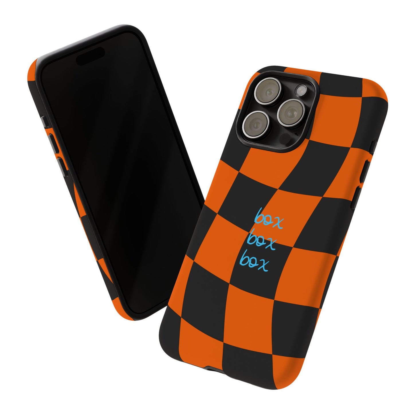McLaren Orange and Black Checkered F1 Phone Case, Box Box Box F1 Phone Case