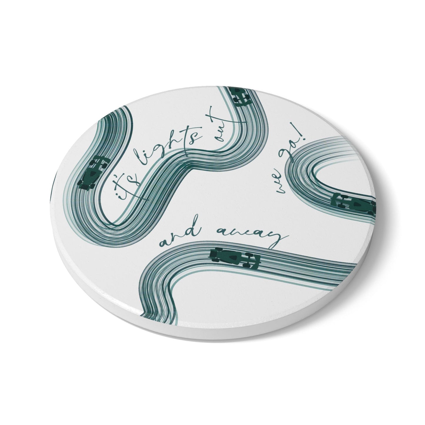 Green F1 Ceramic Coaster | Curved Tracks with Tiny Cars