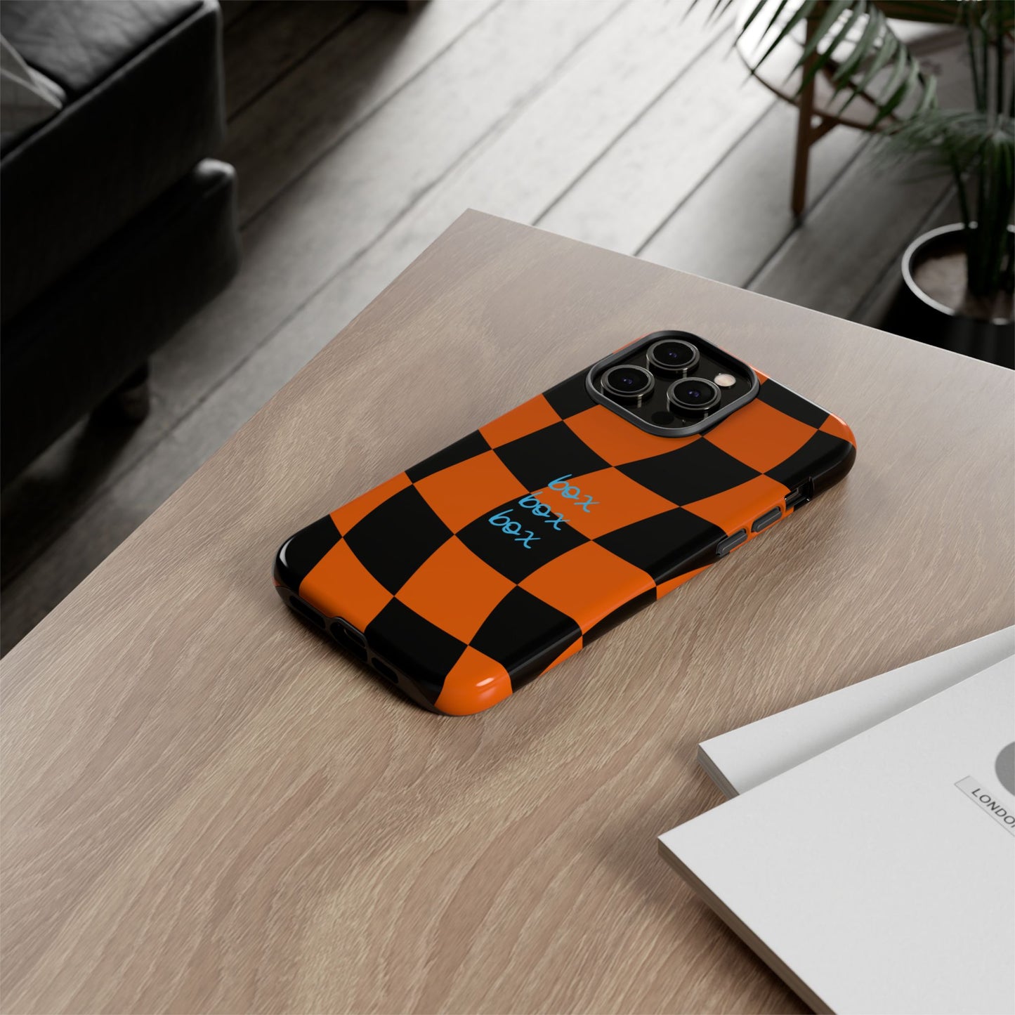 McLaren Orange and Black Checkered F1 Phone Case, Box Box Box F1 Phone Case