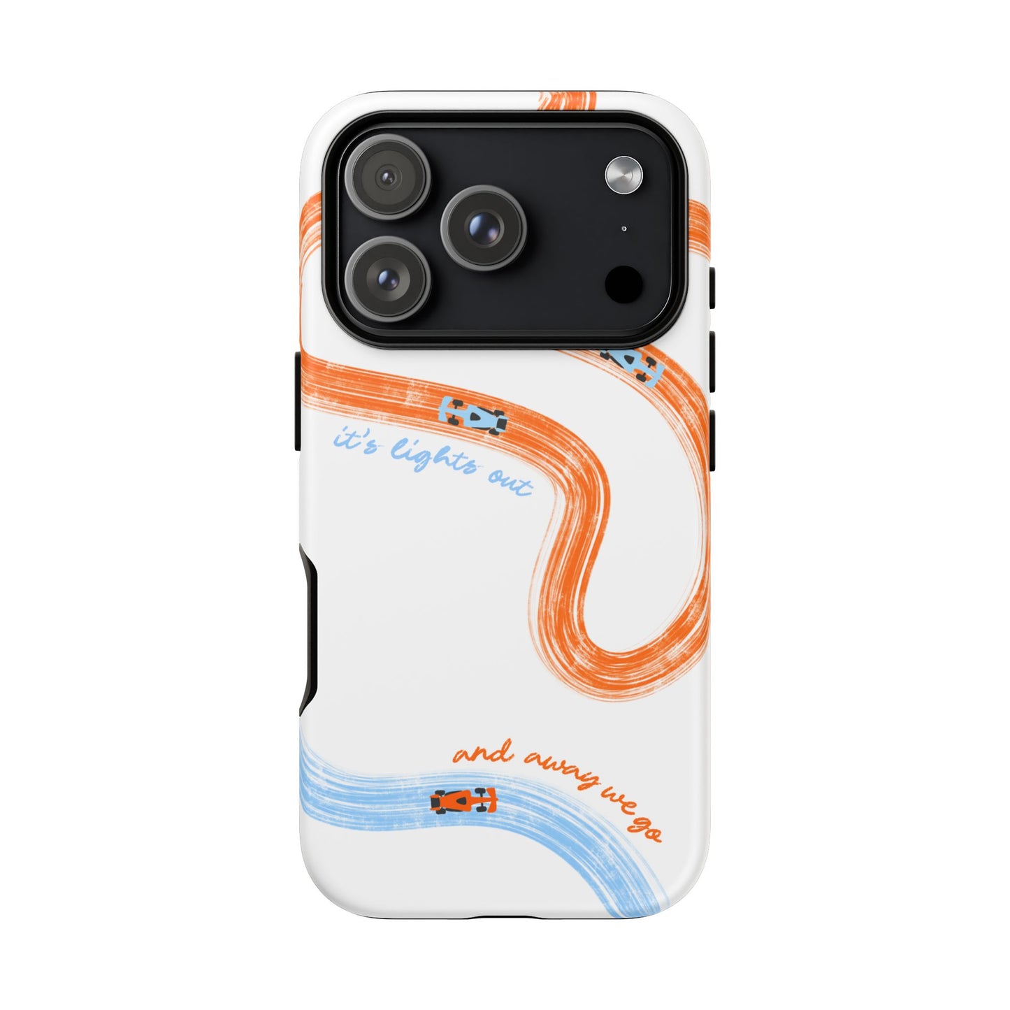 McLaren F1 Phone Case Orange and Blue Painted "its lights out and away we go", Trendy F1 Gift, Formula 1 Gift, Cute F1 Phone Case