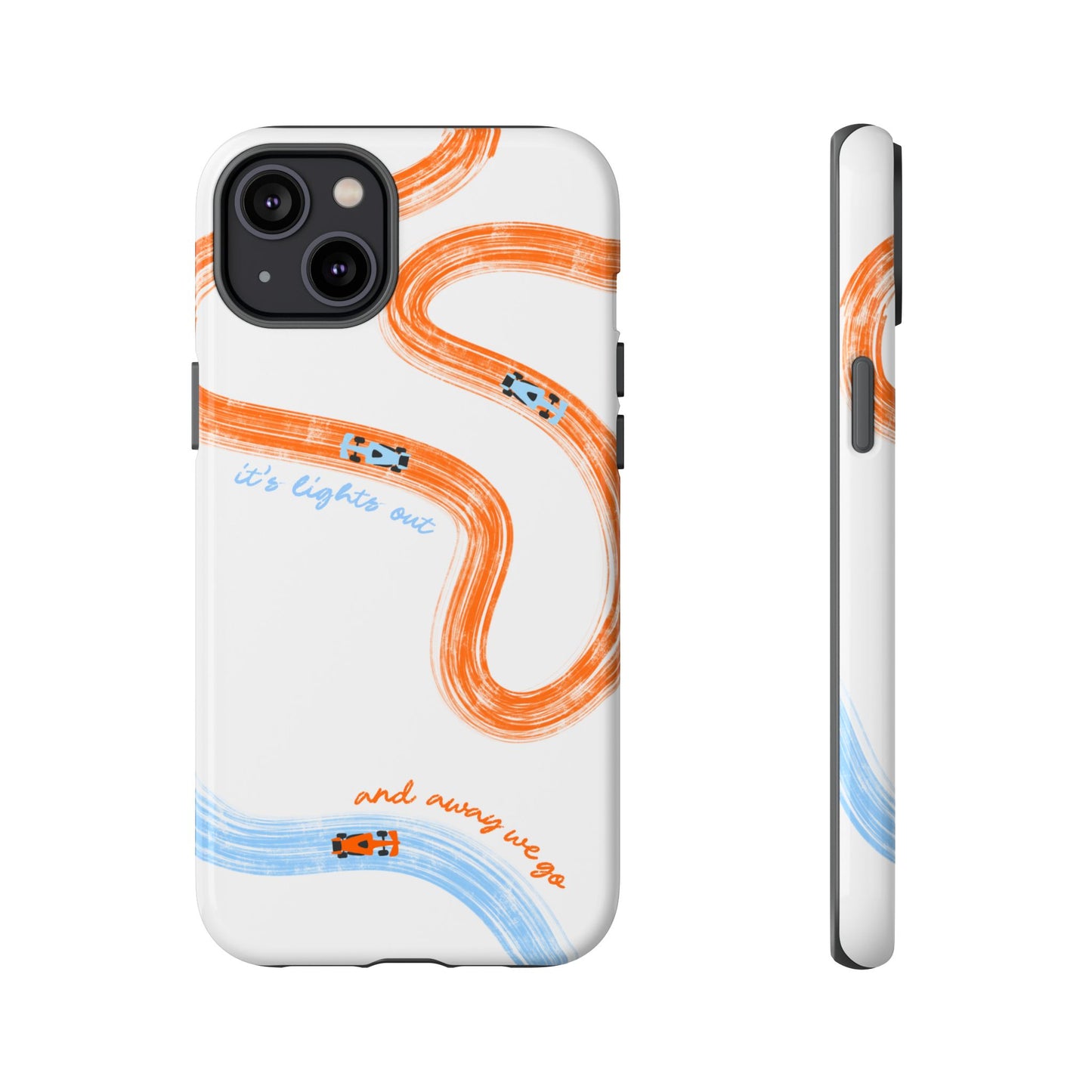 McLaren F1 Phone Case Orange and Blue Painted "its lights out and away we go", Trendy F1 Gift, Formula 1 Gift, Cute F1 Phone Case