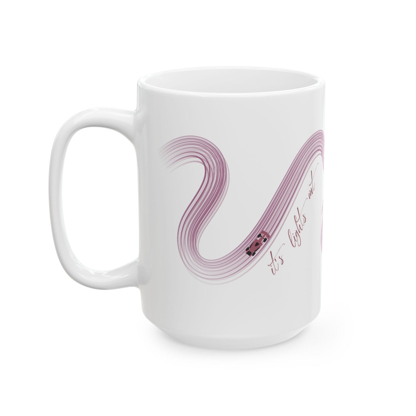 Purple Painted F1  It's Lights Out and Away We Go Mug, Unique Gift for Coffee Lovers, Whimsical Formula 1 Gift
