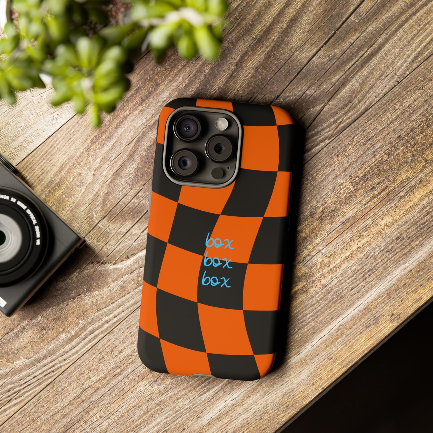 McLaren Orange and Black Checkered F1 Phone Case, Box Box Box F1 Phone Case