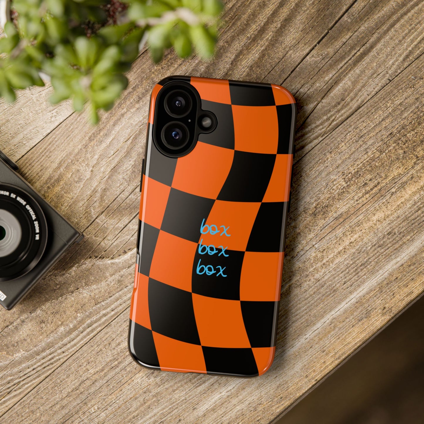 McLaren Orange and Black Checkered F1 Phone Case, Box Box Box F1 Phone Case