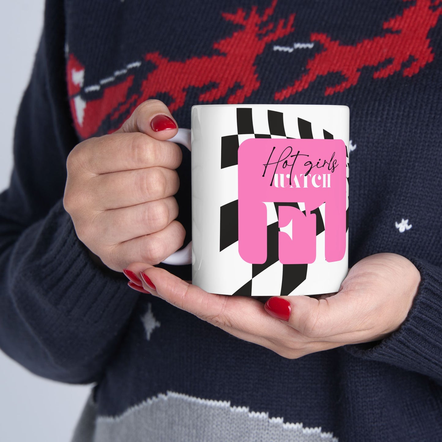 Pink Checkered F1 Mug, Hot Girls Watch F1 Mug