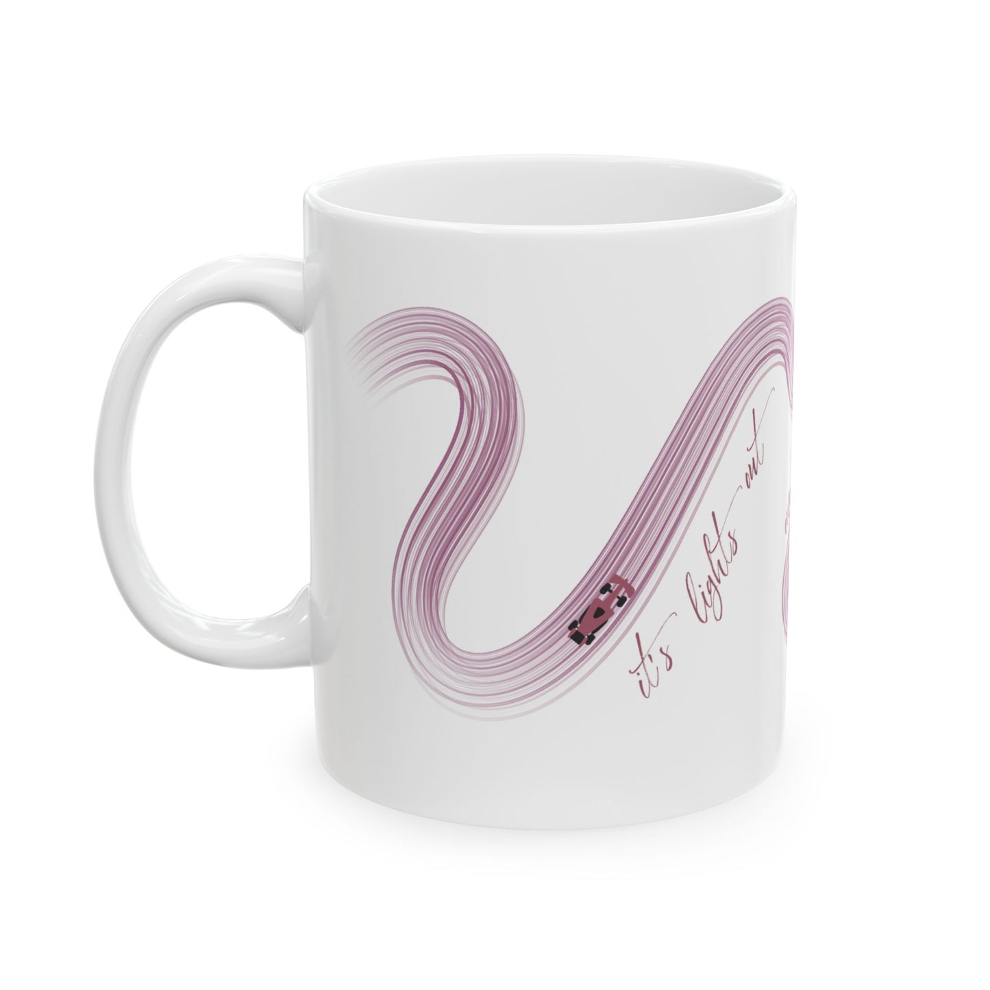 Purple Painted F1  It's Lights Out and Away We Go Mug, Unique Gift for Coffee Lovers, Whimsical Formula 1 Gift