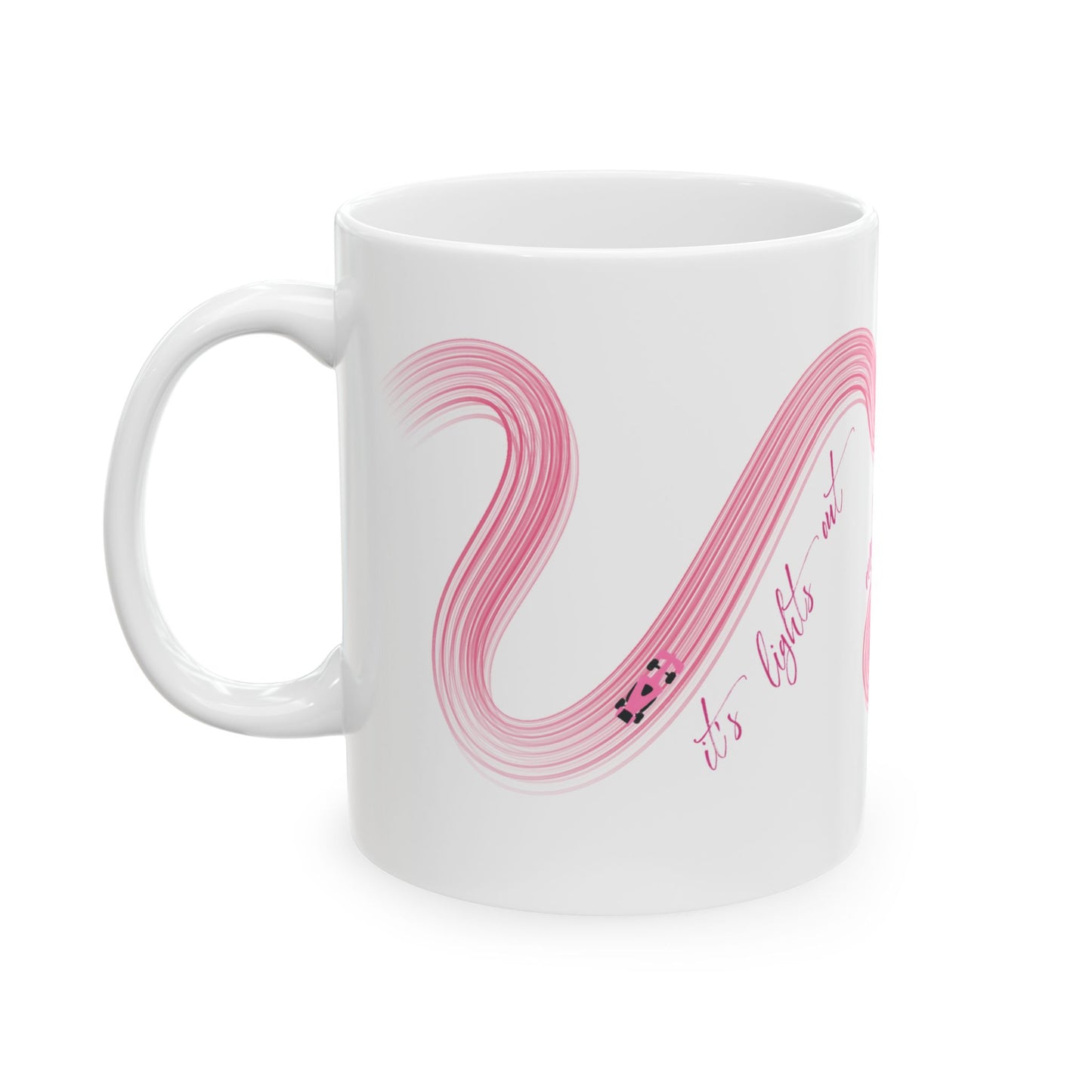 Pink Painted F1  It's Lights Out and Away We Go Mug, Unique Gift for Coffee Lovers, Whimsical Formula 1 Gift