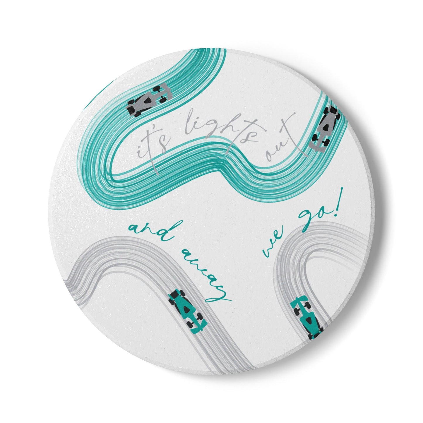 Mercedes Teal and Grey F1 Ceramic Coaster | Curved Tracks with Tiny Cars