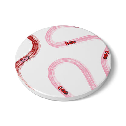 Pink and Red Racing Cars Track Illustration Ceramic Coaster | Pink Curved Tracks with Tiny Cars