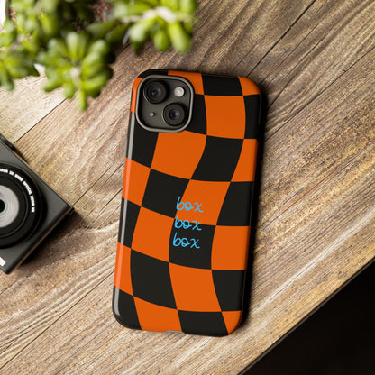 McLaren Orange and Black Checkered F1 Phone Case, Box Box Box F1 Phone Case