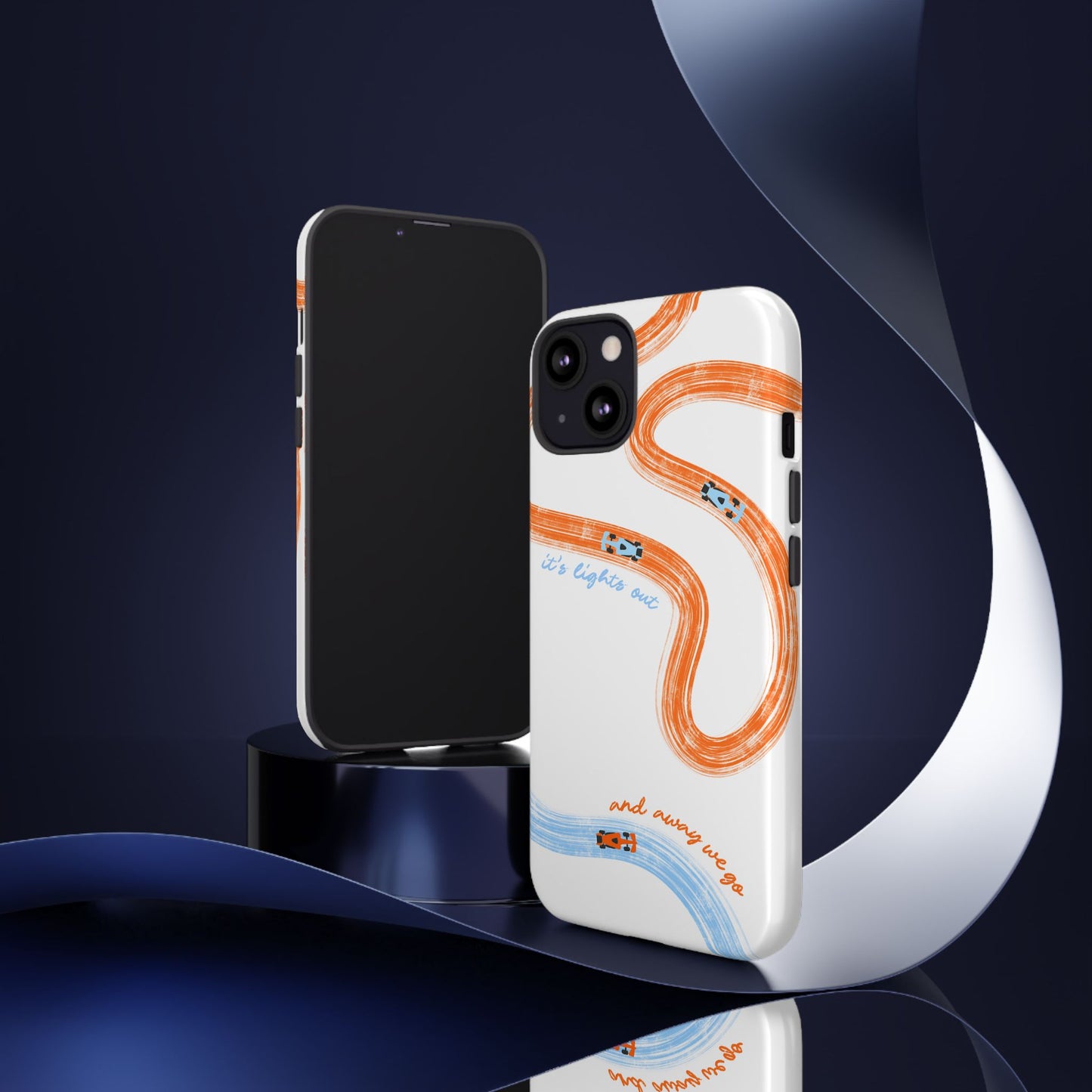 McLaren F1 Phone Case Orange and Blue Painted "its lights out and away we go", Trendy F1 Gift, Formula 1 Gift, Cute F1 Phone Case