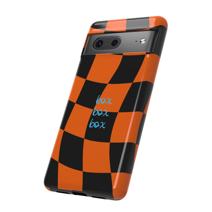 McLaren Orange and Black Checkered F1 Phone Case, Box Box Box F1 Phone Case