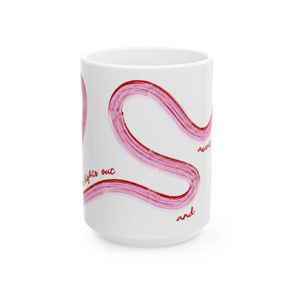 Pink and Red Painted It's Lights Out and Away We Go Mug, Unique Gift for Coffee Lovers, Whimsical Formula 1 Gift