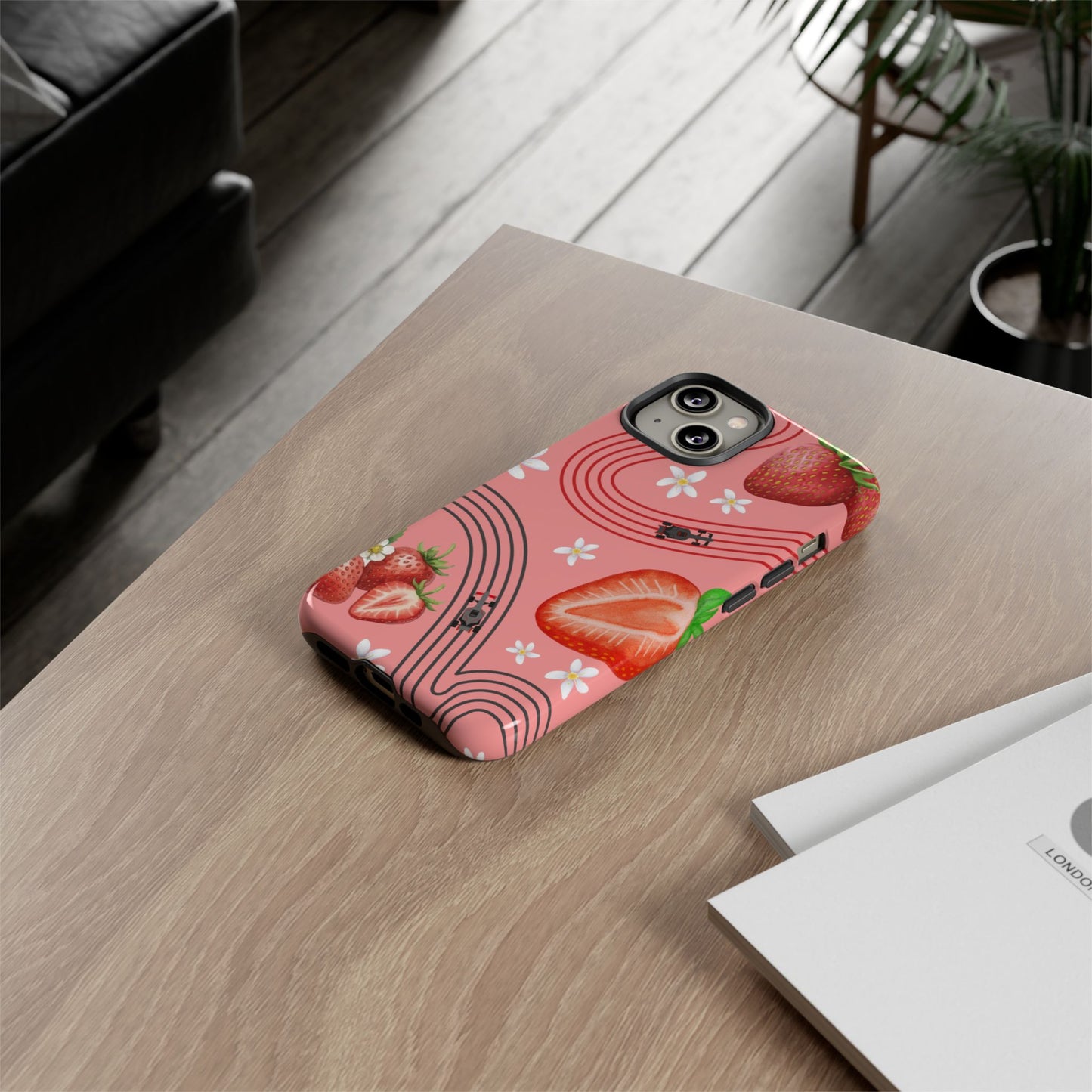 Red F1 Audi and Strawberries Phone Case, Trendy F1 Gift, Formula 1 Gift, Cute Fruit F1 Phone Case, Unique Phone Case