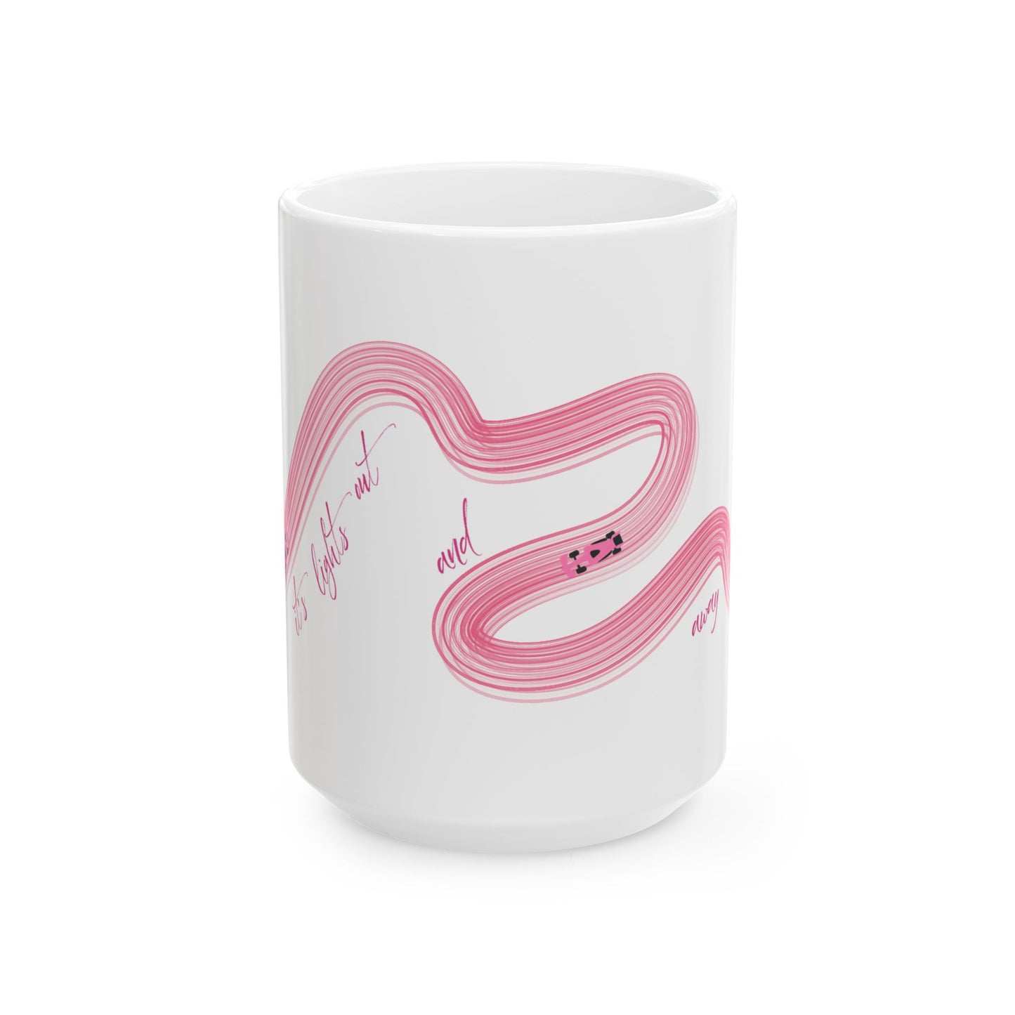 Pink Painted F1  It's Lights Out and Away We Go Mug, Unique Gift for Coffee Lovers, Whimsical Formula 1 Gift