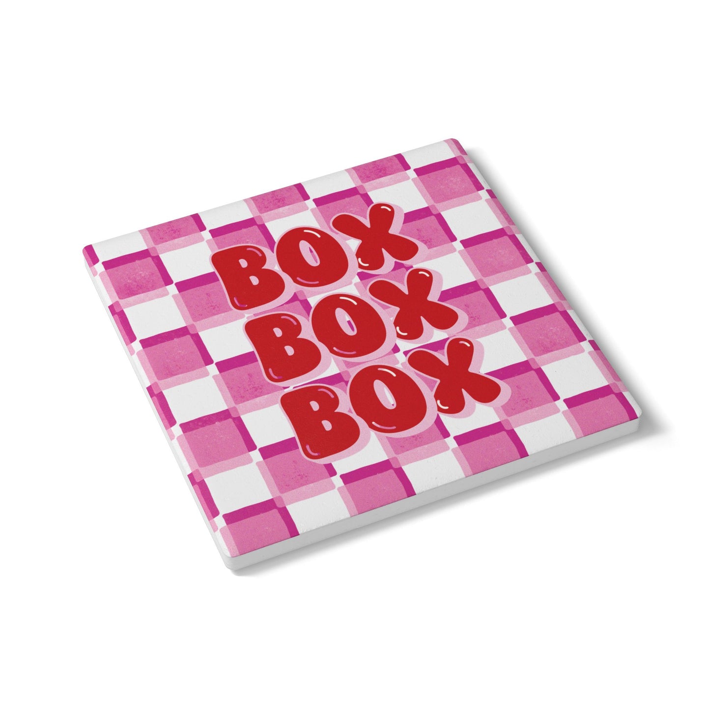F1 Red and Pink Checkered Ceramic Coaster | Curved Tracks with Tiny Cars