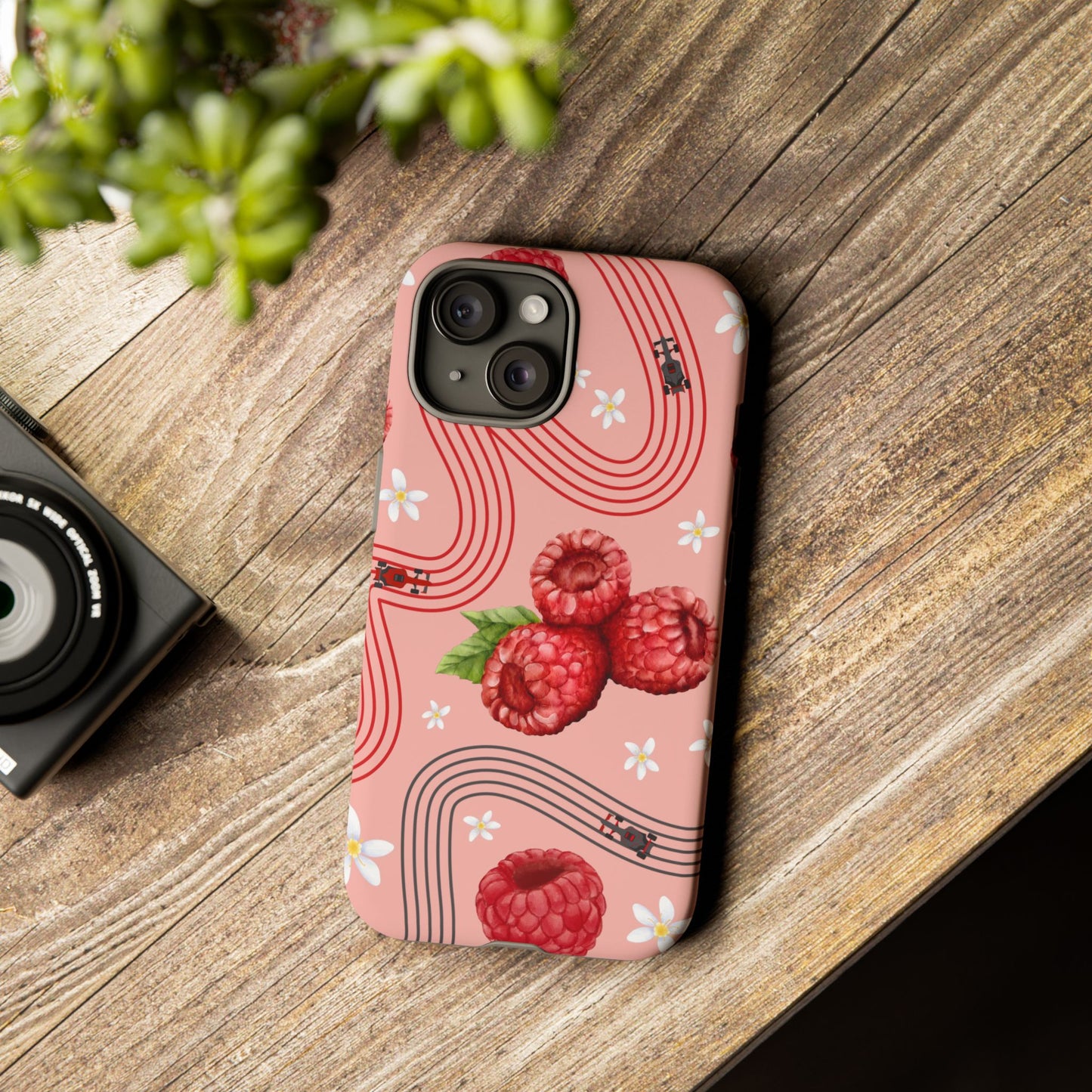Red F1 Haas and Raspberries Phone Case, Trendy F1 Gift, Formula 1 Gift, Cute Fruit F1 Phone Case, Unique Phone Case