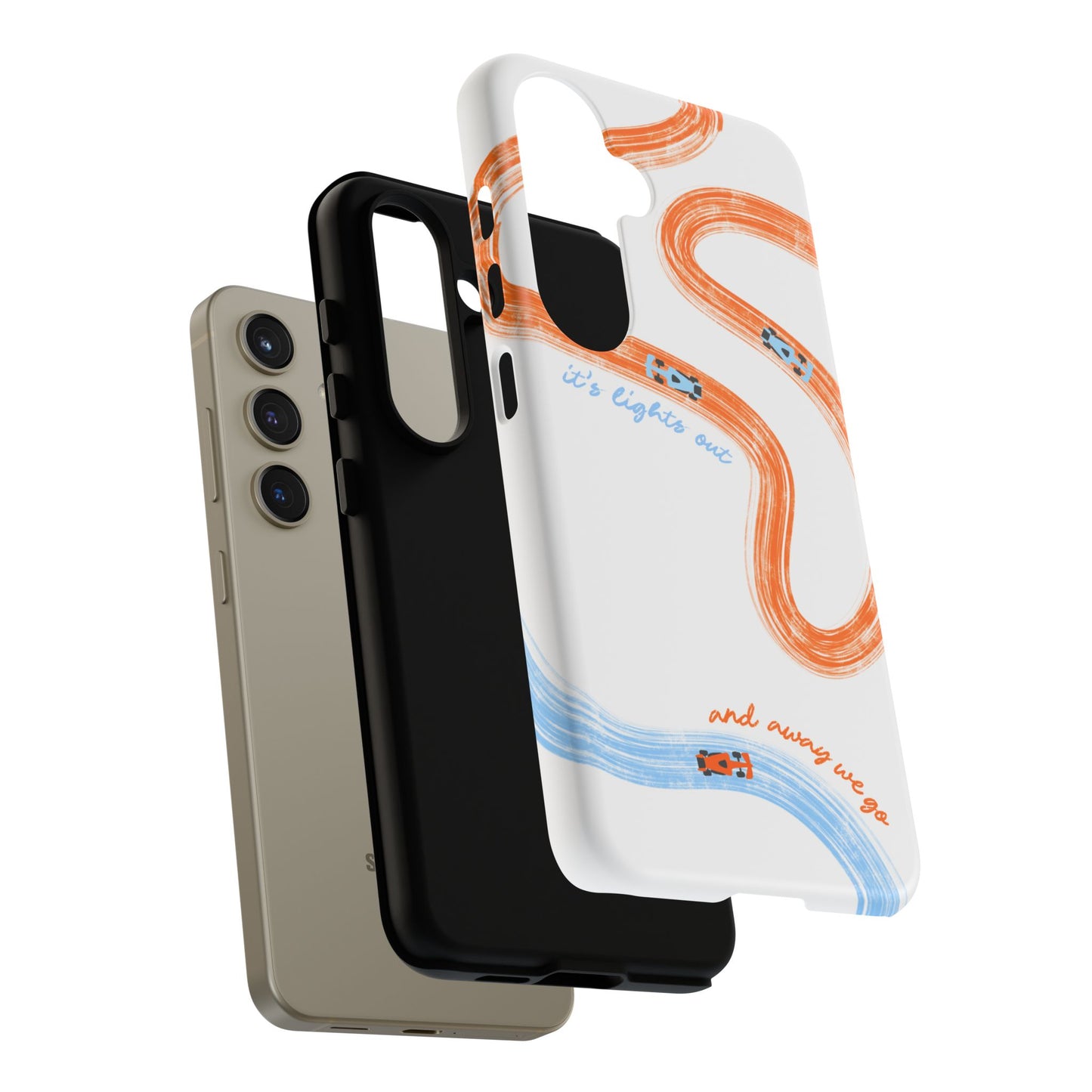 McLaren F1 Phone Case Orange and Blue Painted "its lights out and away we go", Trendy F1 Gift, Formula 1 Gift, Cute F1 Phone Case