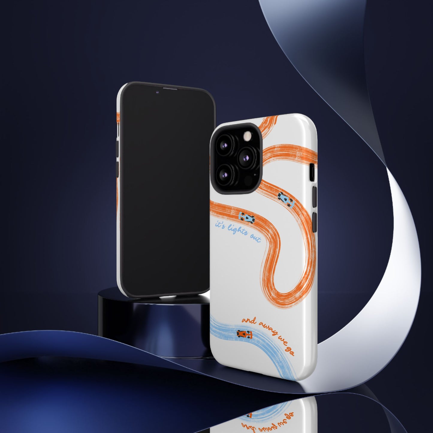 McLaren F1 Phone Case Orange and Blue Painted "its lights out and away we go", Trendy F1 Gift, Formula 1 Gift, Cute F1 Phone Case