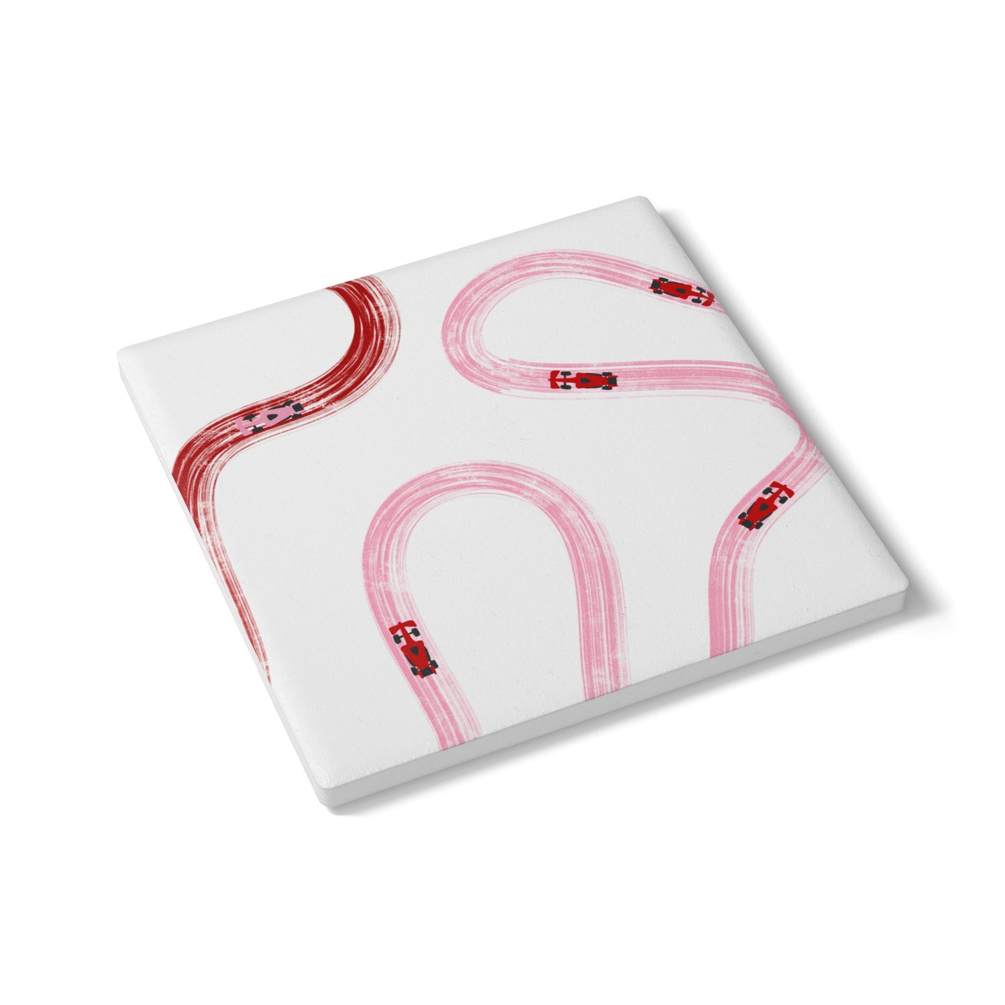 Pink and Red Racing Cars Track Illustration Ceramic Coaster | Pink Curved Tracks with Tiny Cars