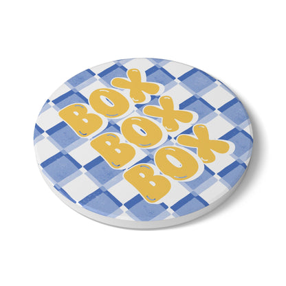 F1 Racing Bulls Blue and Yellow Checkered Ceramic Coaster | Curved Tracks with Tiny Cars