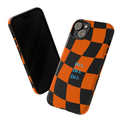 McLaren Orange and Black Checkered F1 Phone Case, Box Box Box F1 Phone Case