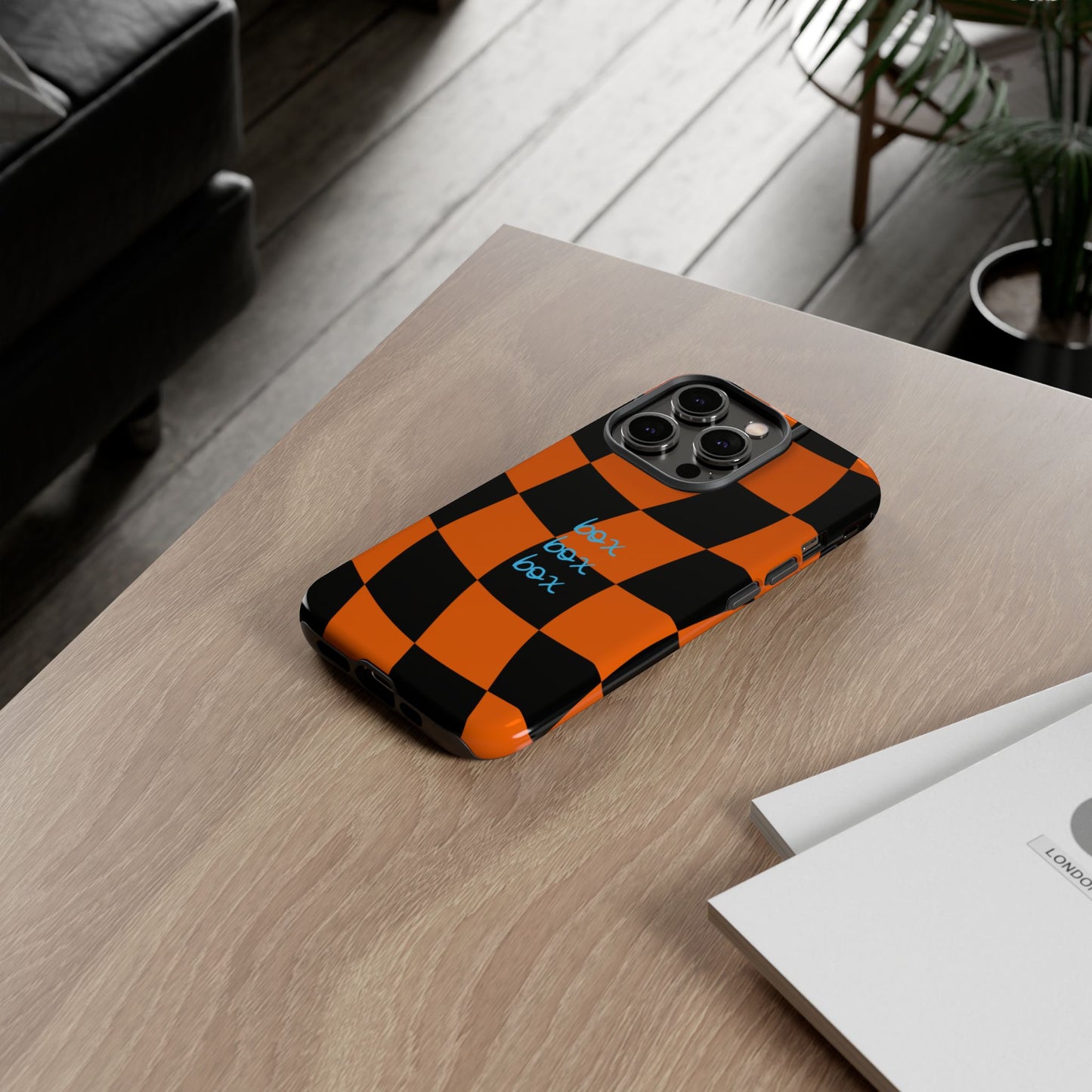 McLaren Orange and Black Checkered F1 Phone Case, Box Box Box F1 Phone Case