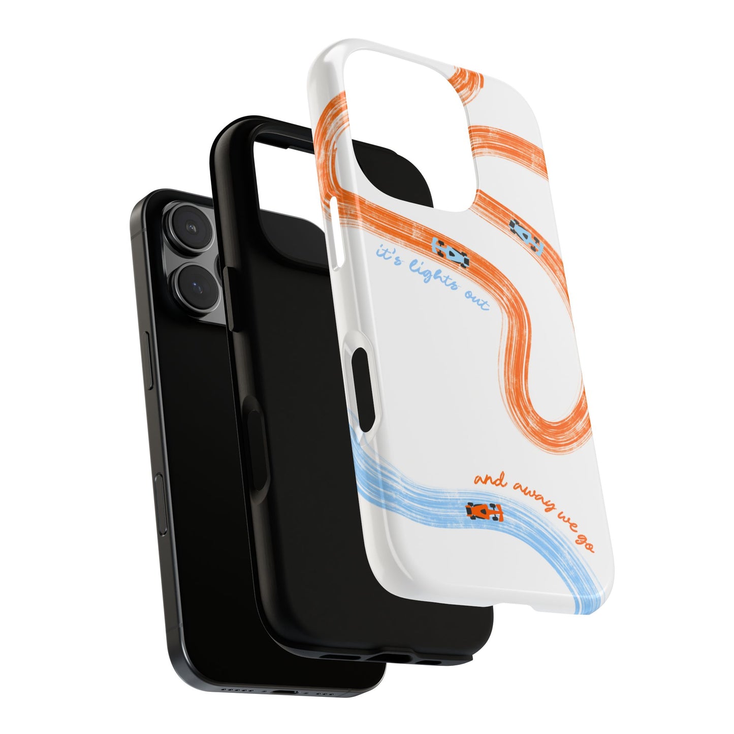 McLaren F1 Phone Case Orange and Blue Painted "its lights out and away we go", Trendy F1 Gift, Formula 1 Gift, Cute F1 Phone Case