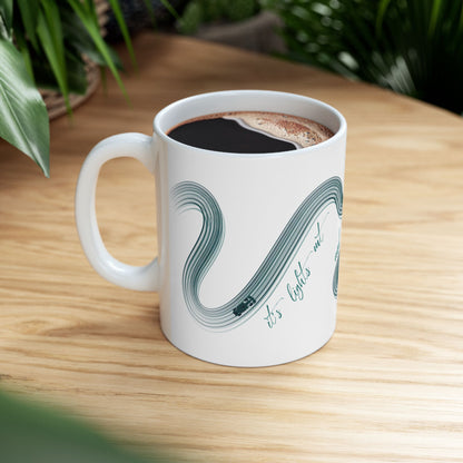 Green Painted F1  It's Lights Out and Away We Go Mug, Unique Gift for Coffee Lovers, Whimsical Formula 1 Gift