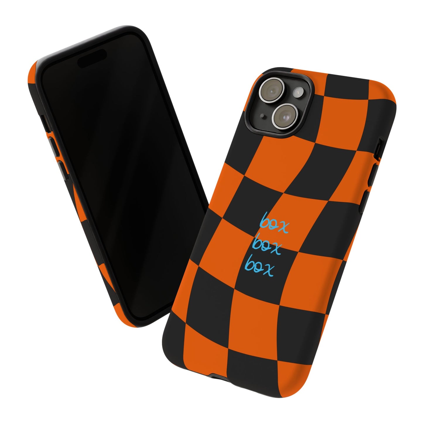 McLaren Orange and Black Checkered F1 Phone Case, Box Box Box F1 Phone Case