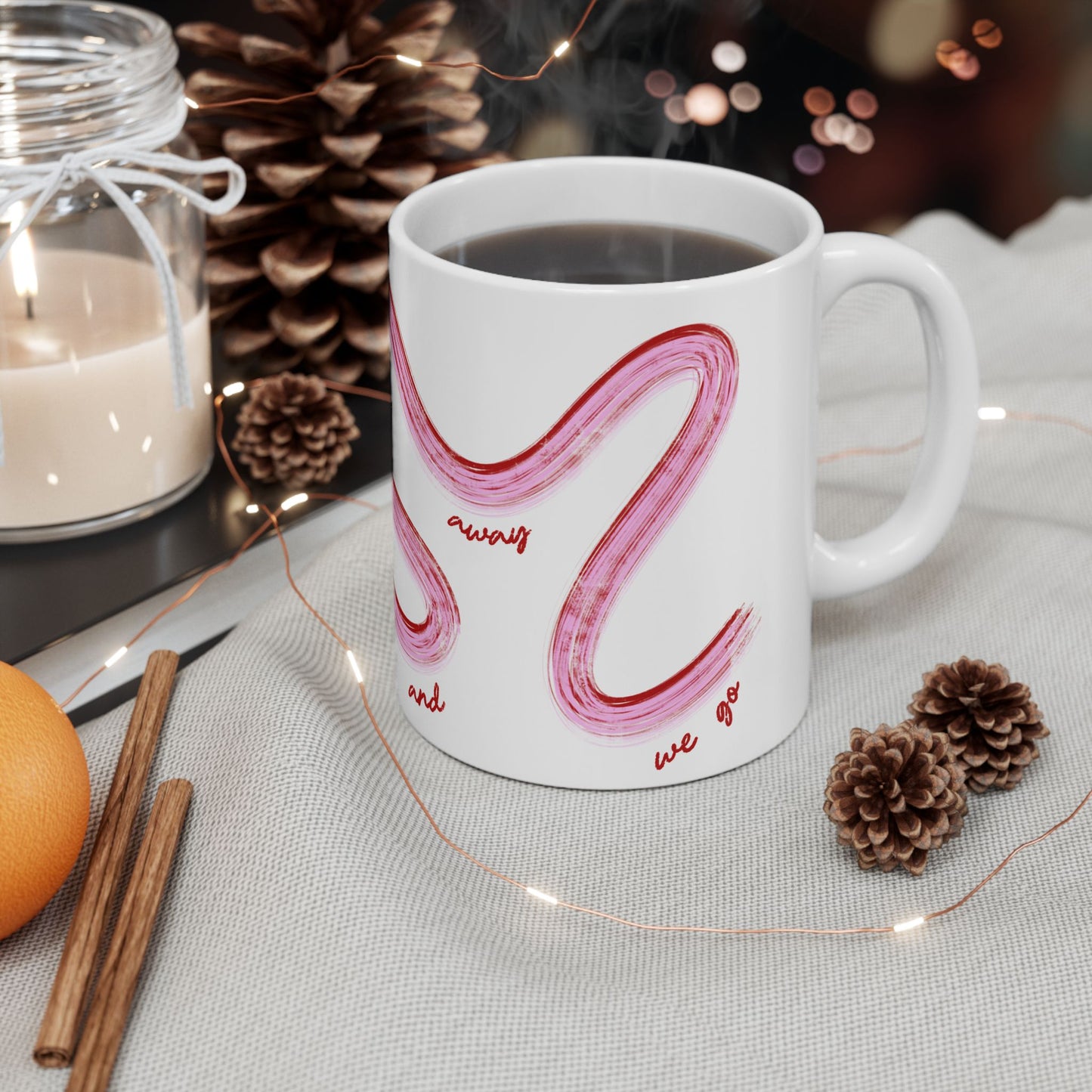 Pink and Red Painted It's Lights Out and Away We Go Mug, Unique Gift for Coffee Lovers, Whimsical Formula 1 Gift