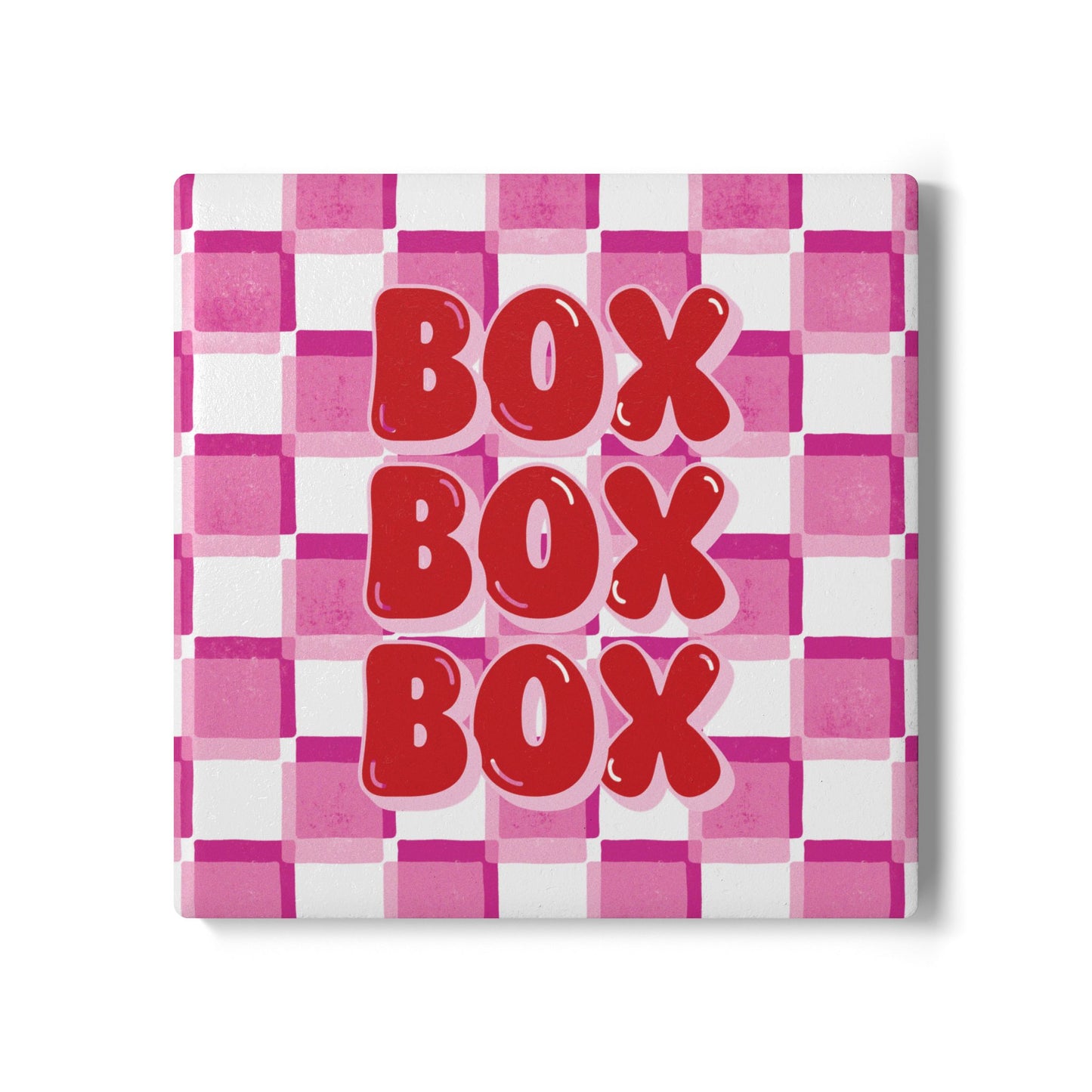 F1 Red and Pink Checkered Ceramic Coaster | Curved Tracks with Tiny Cars