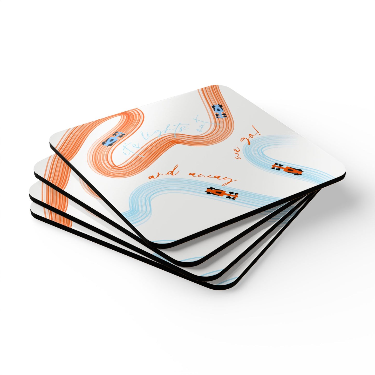 F1 McLaren Orange and Blue Corkwood Coaster Set of 4 | Formula 1 Coaster Set