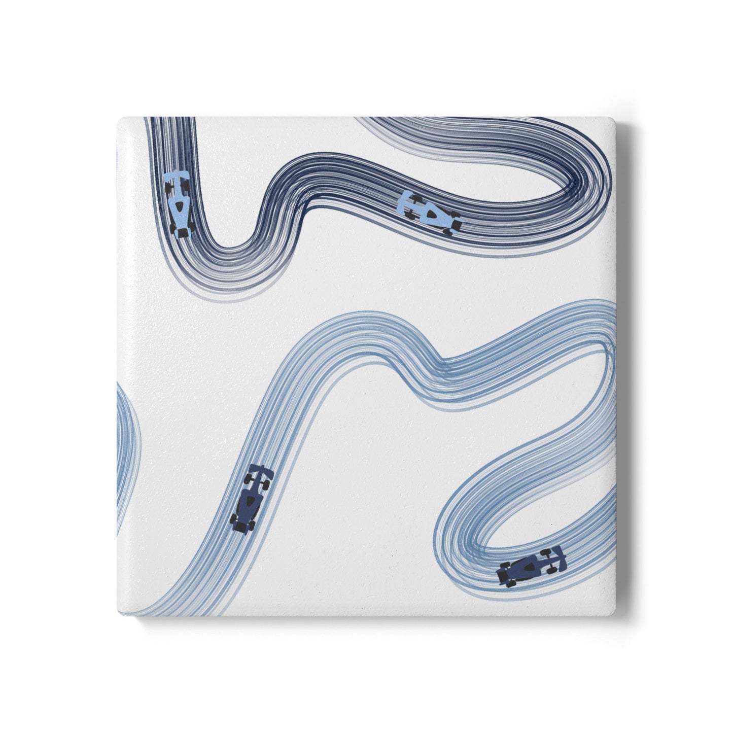 Blue Racing Cars Track Illustration Ceramic Coaster | Curved Tracks with Tiny Cars