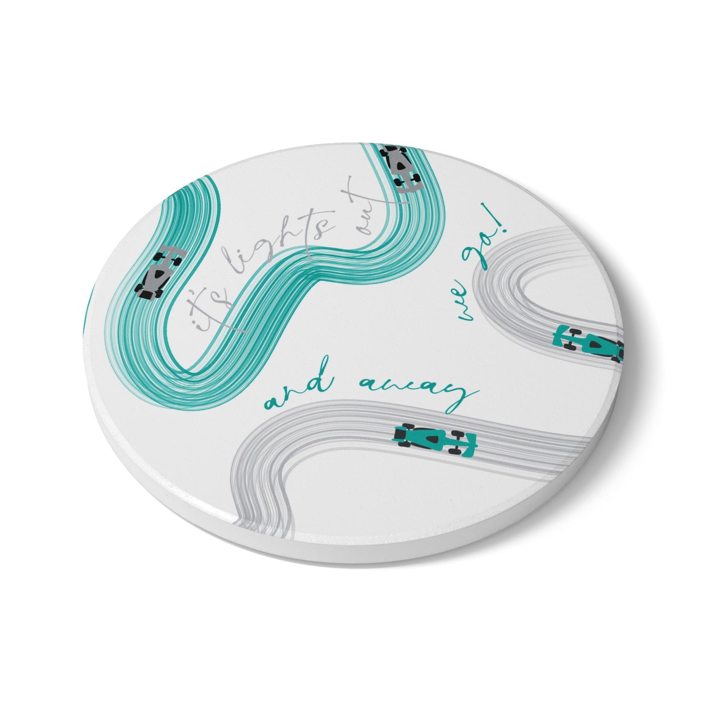Mercedes Teal and Grey F1 Ceramic Coaster | Curved Tracks with Tiny Cars