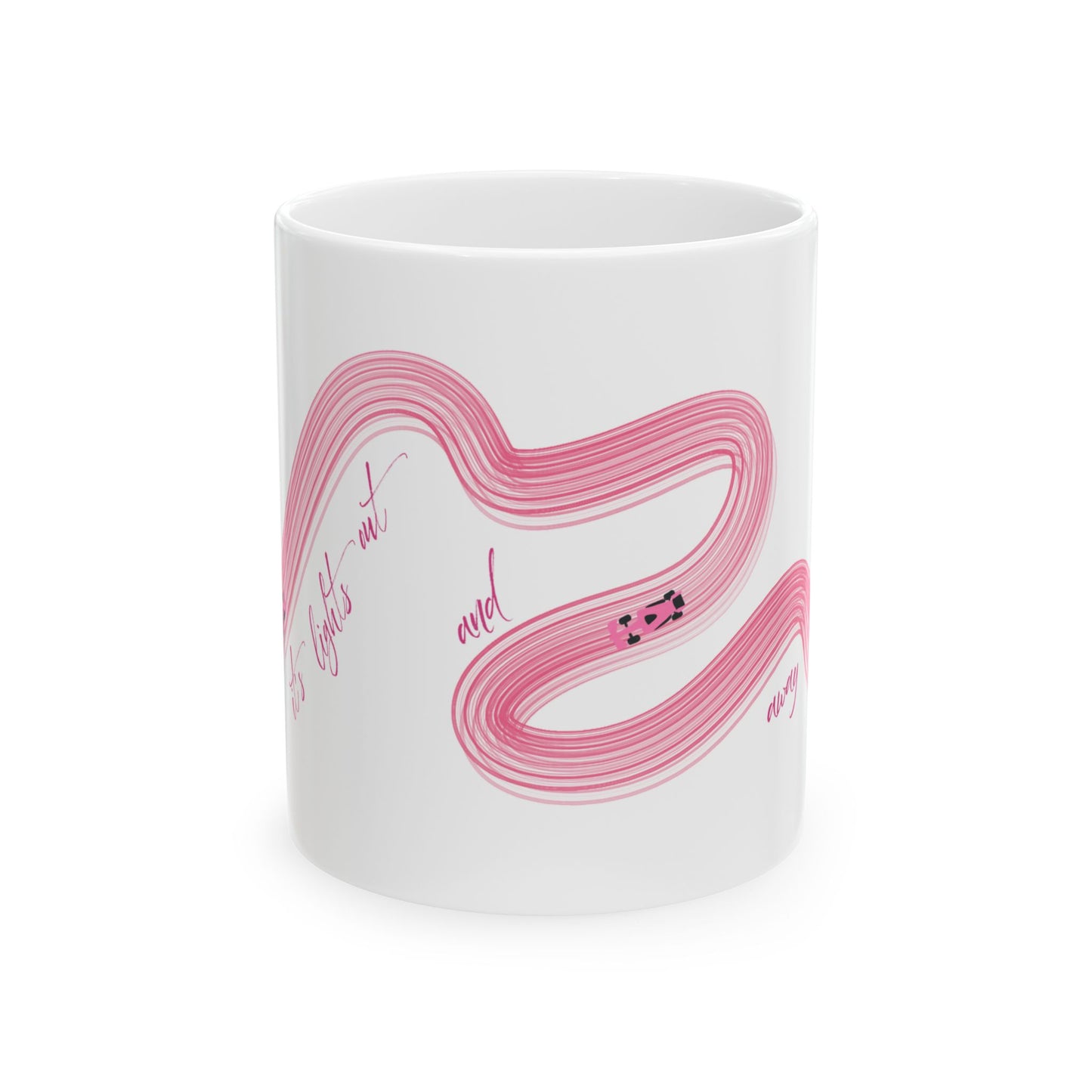 Pink Painted F1  It's Lights Out and Away We Go Mug, Unique Gift for Coffee Lovers, Whimsical Formula 1 Gift