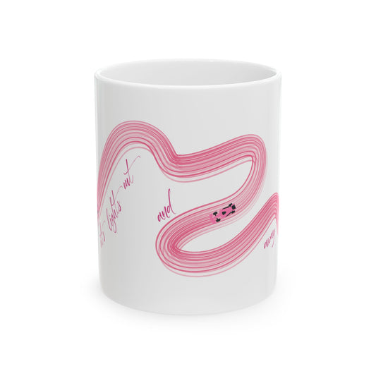 Pink Painted F1  It's Lights Out and Away We Go Mug, Unique Gift for Coffee Lovers, Whimsical Formula 1 Gift