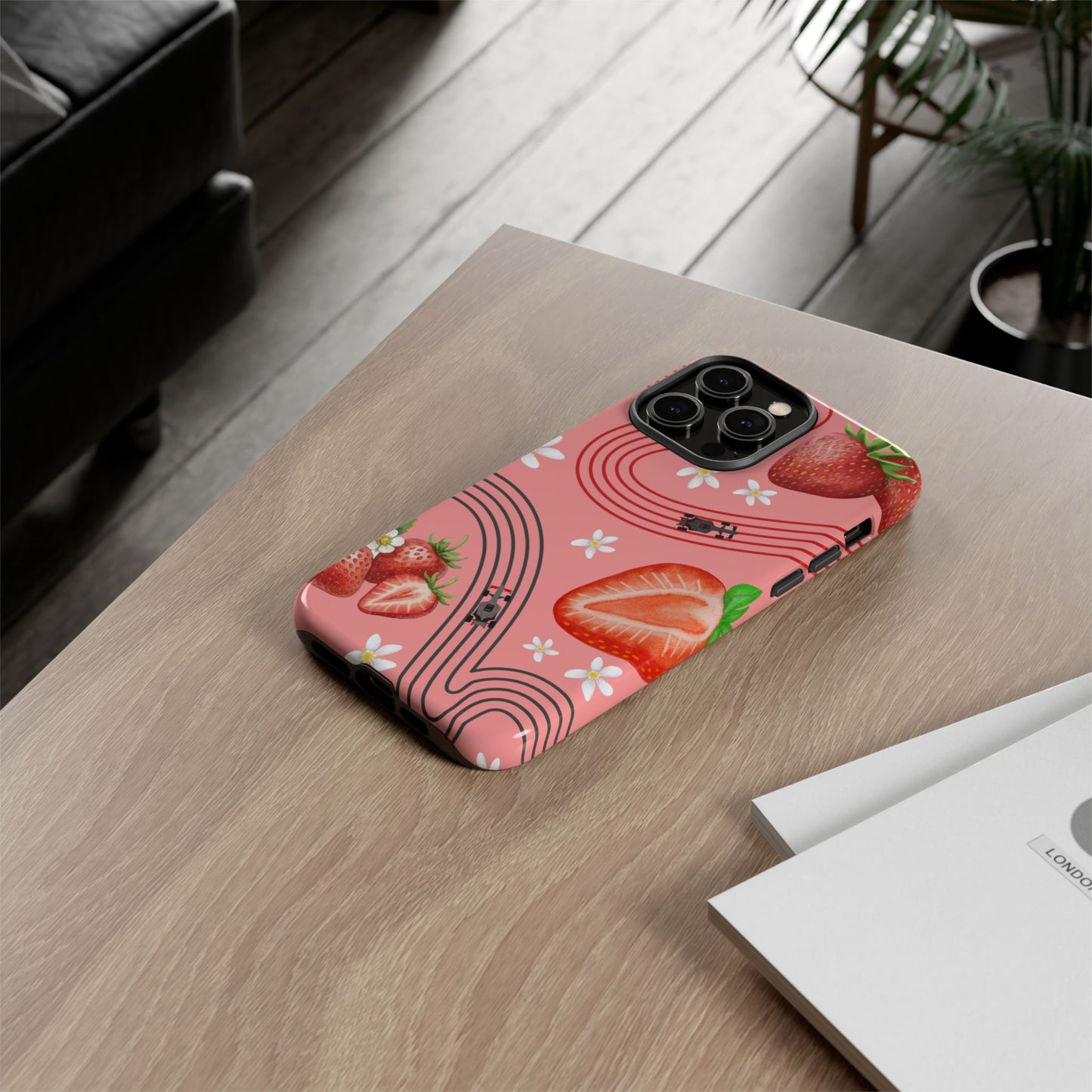 Red F1 Audi and Strawberries Phone Case, Trendy F1 Gift, Formula 1 Gift, Cute Fruit F1 Phone Case, Unique Phone Case
